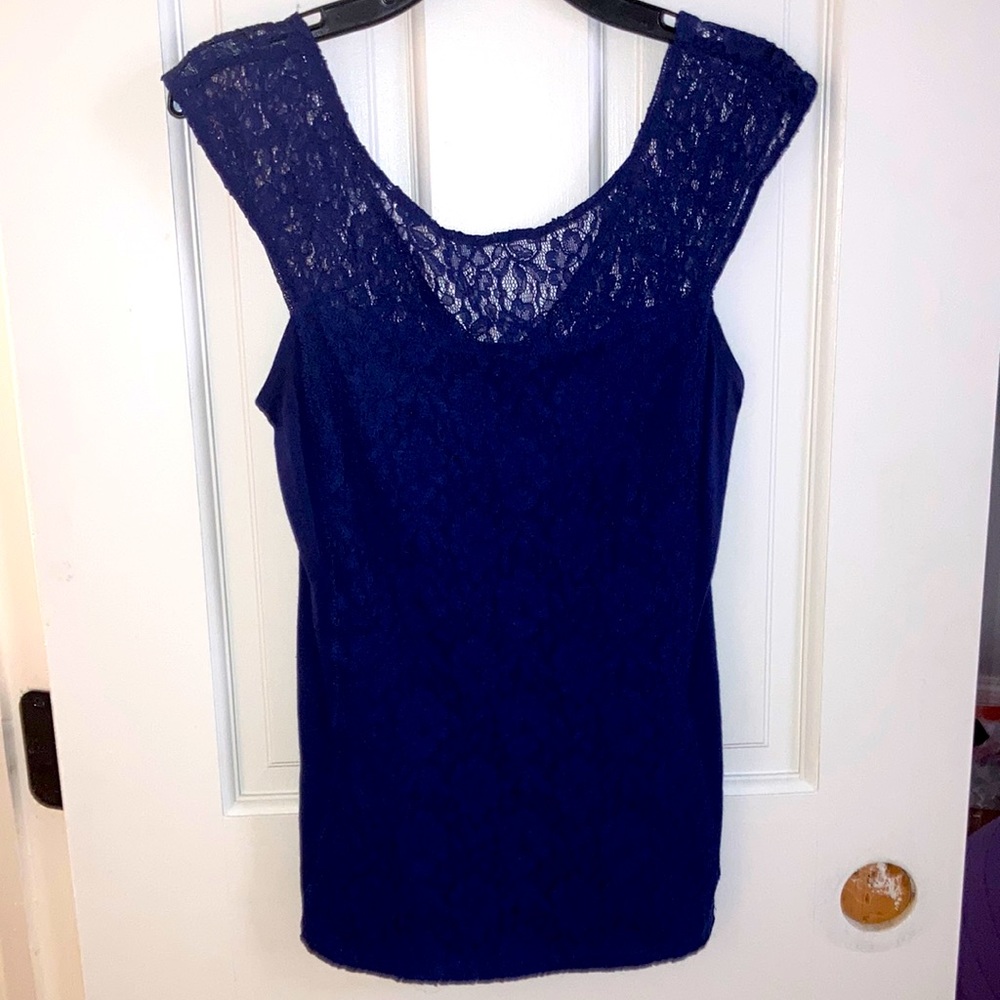 Express lace navy blue cap sleeve shirt